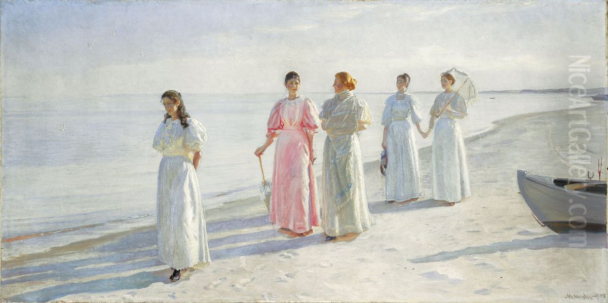 Pigerne pa stranden. Sostrene Holst pa Skagen Sonderstrand. Oil Painting by Michael Peter Ancher
