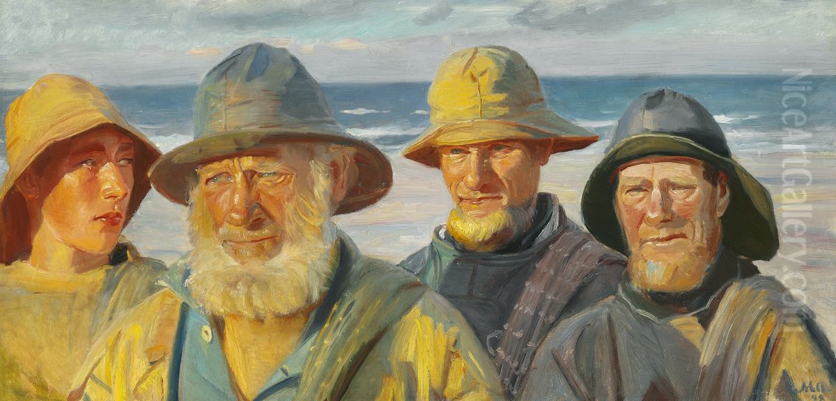 Fire fiskere i solskin pa Skagen Strand Oil Painting by Michael Peter Ancher