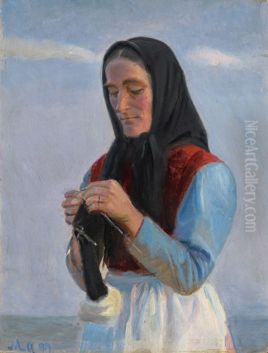A woman knitting at the beach. Oil Painting by Michael Peter Ancher
