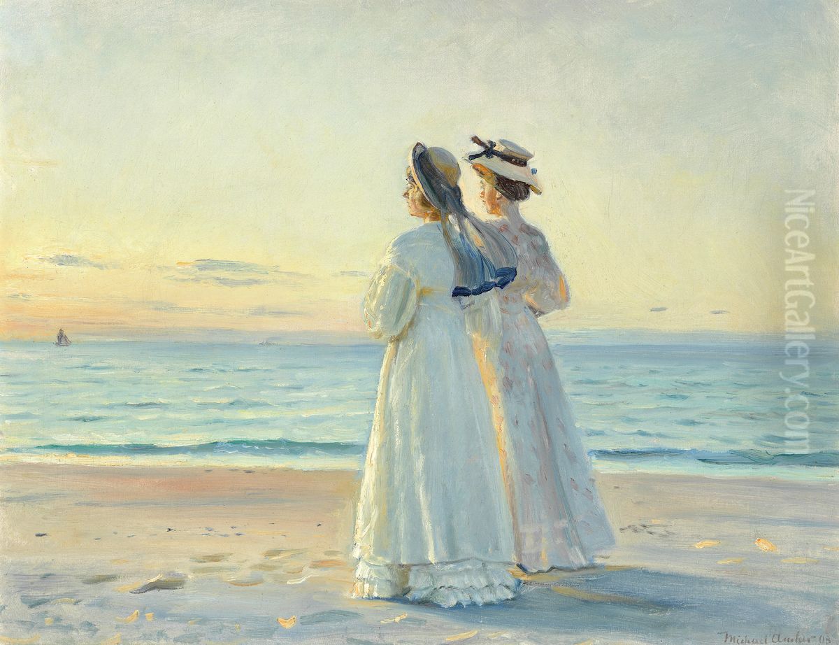 Marie Dinesen og Anna Bitch pa Skagen Nordstrand Oil Painting by Michael Peter Ancher