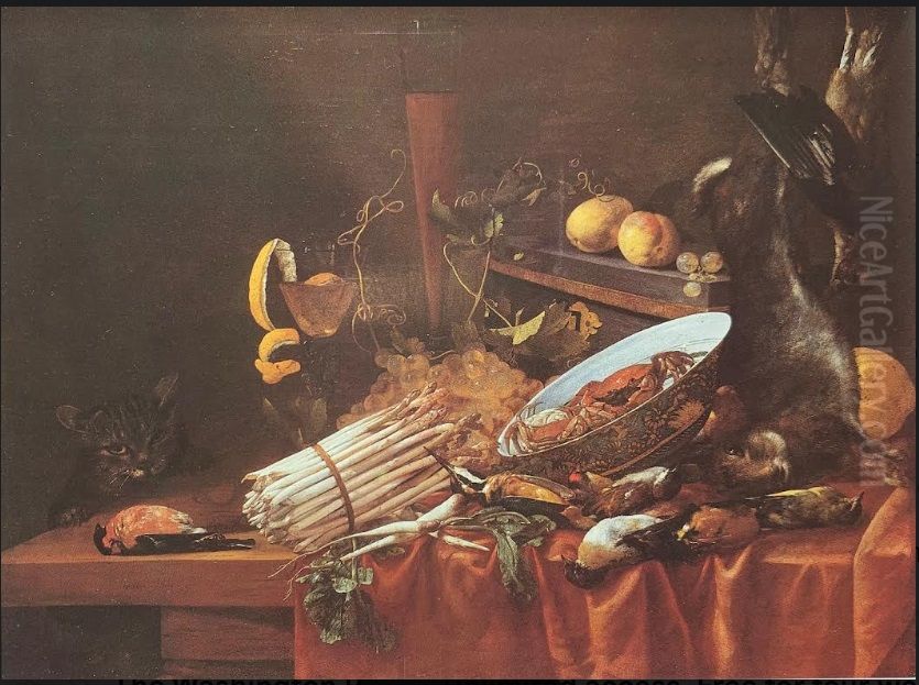 Game, shellfish, fruit and asparagus with a cat Oil Painting by Carstian Luyckx