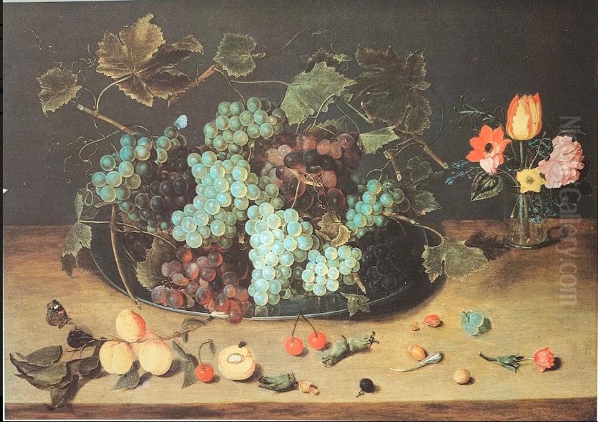 Glass of flowers and plate with grapes Oil Painting by Isaak Soreau