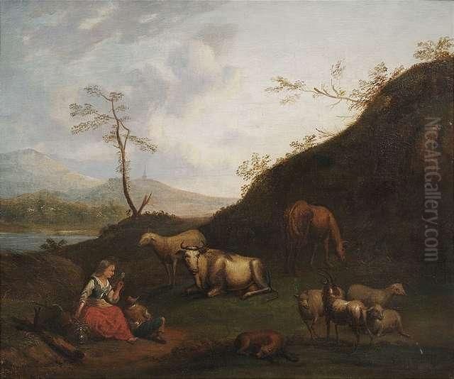 Herdsmen With Their Flock In A River Landscape. Oil Painting by Govert Dircksz. Camphuysen