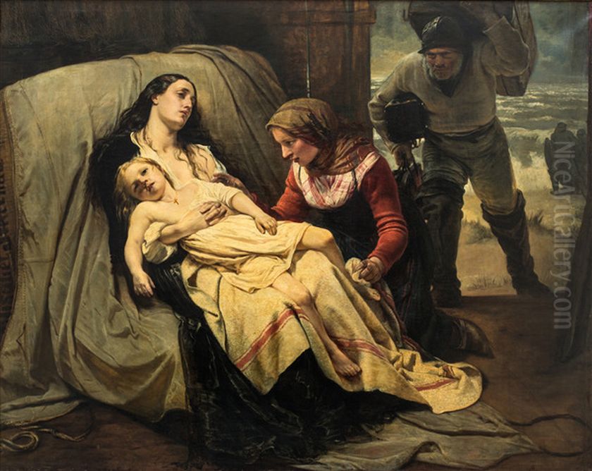 En strandingsscene. Oil Painting by Elisabeth Baumann