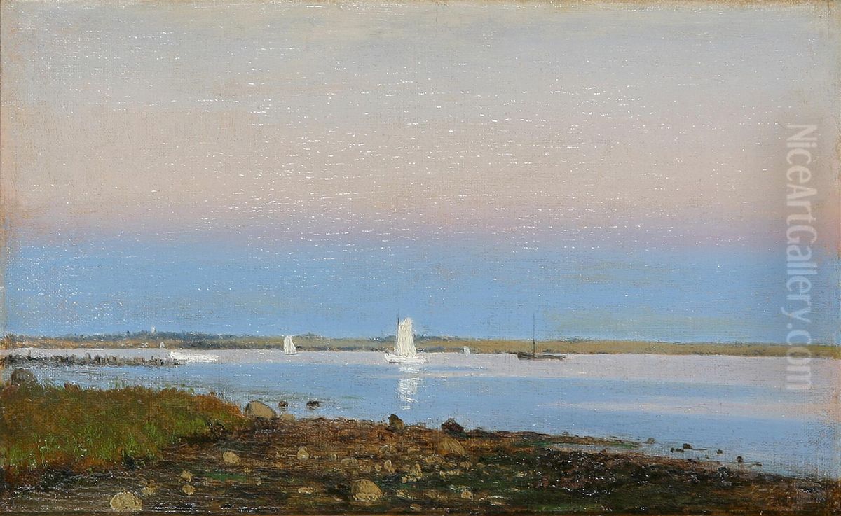 Sailing ships in an inlet. Oil Painting by Christian Eckardt