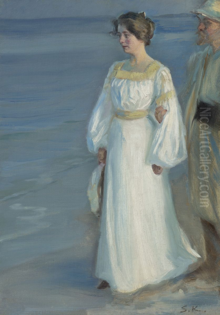 Sommeraften ved Skagens Strand, Portraet af Kunstnerens Hustru (Summer Evening on Skagen Beach, Portrait of the Artist's Wife) Oil Painting by Peder Severin Kroyer