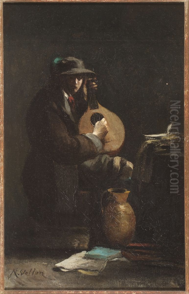 De luitspeler. Oil Painting by Antoine Vollon