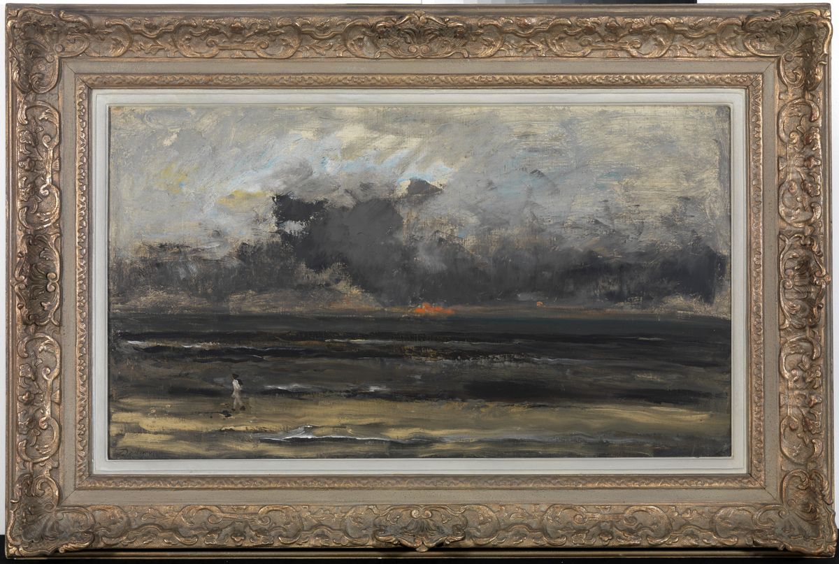 Zonsondergang aan zee (Plage soleil couchant, Villerville). Oil Painting by Charles-Francois Daubigny