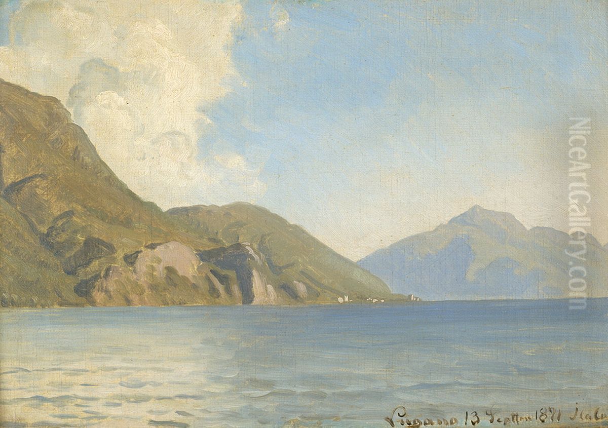 View of Lake Lugano. Oil Painting by Janus Andreas Bartholin La Cour