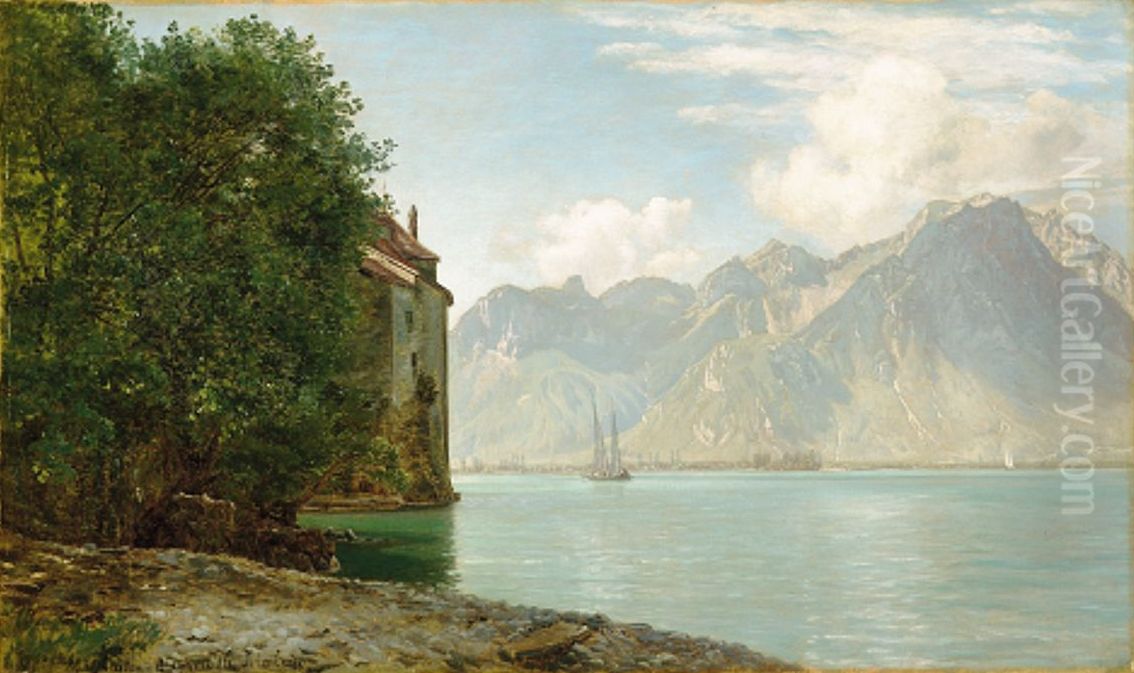 The Chillon Castle at Lake Geneva. Oil Painting by Janus Andreas Bartholin La Cour