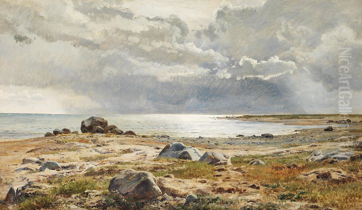 Strandparti fra Helgenaes med gra skyer over havet. Oil Painting by Janus Andreas Bartholin La Cour