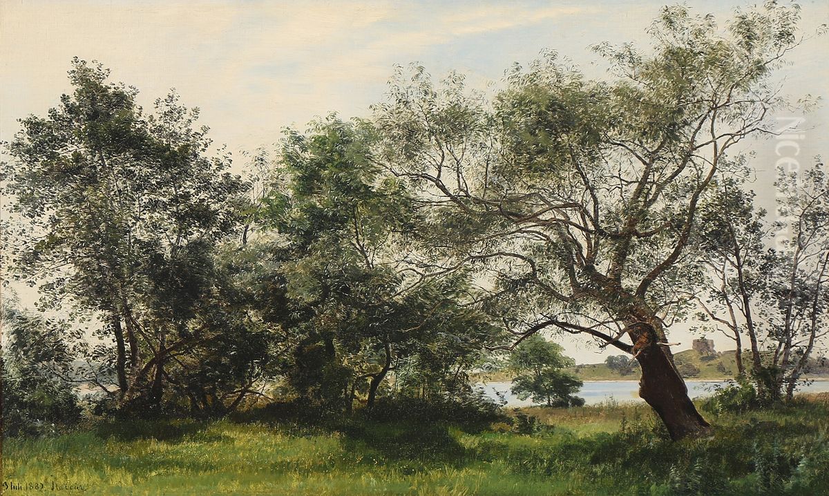 Udsigt gennem traeer set mod Kalo slotsruin Oil Painting by Janus Andreas Bartholin La Cour