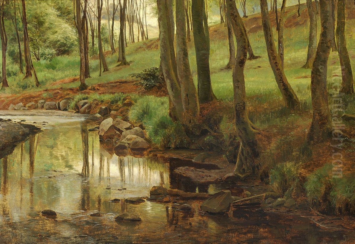 A stream running through the woods at Moesgaard, Denmark. Oil Painting by Janus Andreas Bartholin La Cour