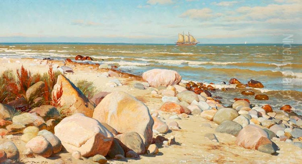 Strandparti med sejlskib. Oil Painting by Janus Andreas Bartholin La Cour