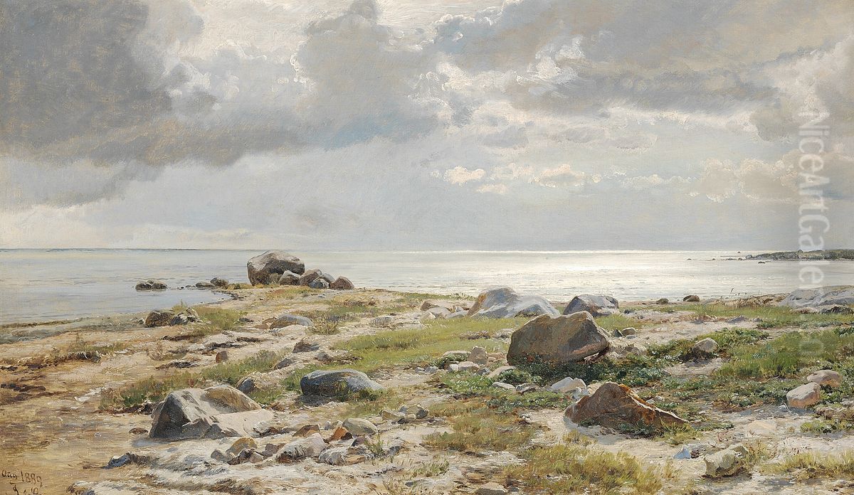 Strandparti med skyer og store sten. Oil Painting by Janus Andreas Bartholin La Cour