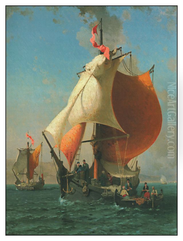 navires de commerce ou de peche sur le Bosphore. Oil Painting by Fabius Brest