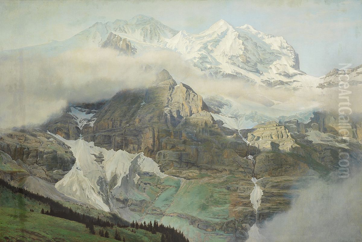 Udsigt mod Monte Rosa, tidlig Formiddag. Oil Painting by Janus Andreas Bartholin La Cour