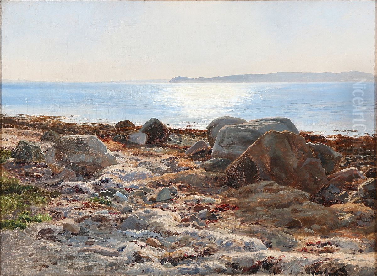 Janus la Cour: Kystparti med sollys, der spejler sig i det stille hav Oil Painting by Janus Andreas Bartholin La Cour