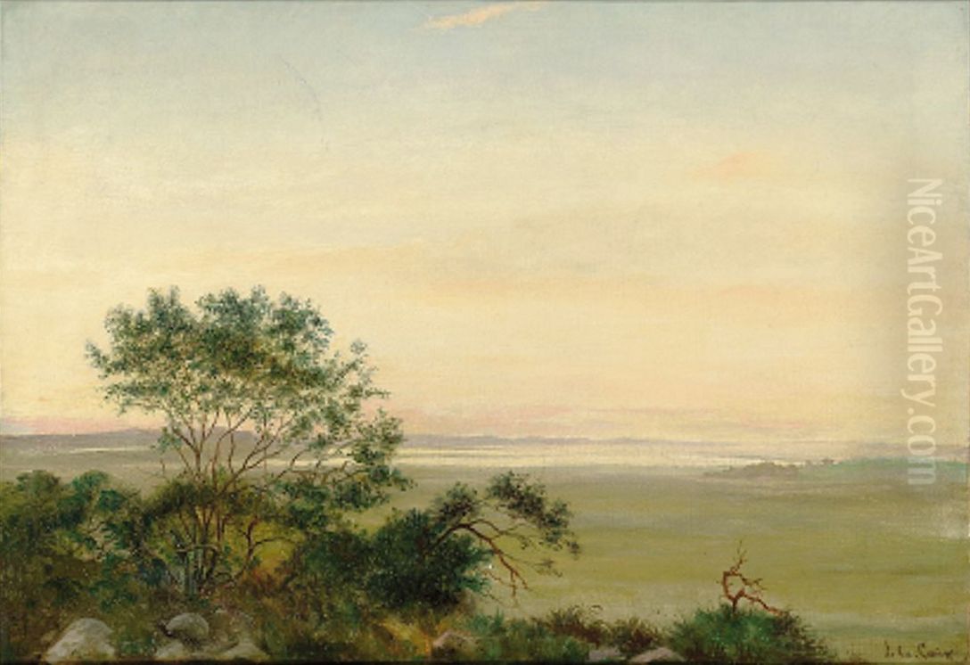 Landskab med udsigt over en so, morgenstemning. Oil Painting by Janus Andreas Bartholin La Cour