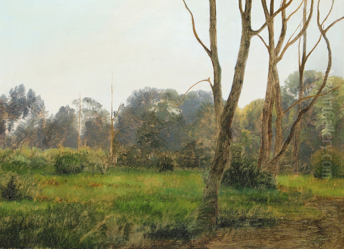 Skovparti med nogne traeer, skitse Oil Painting by Janus Andreas Bartholin La Cour