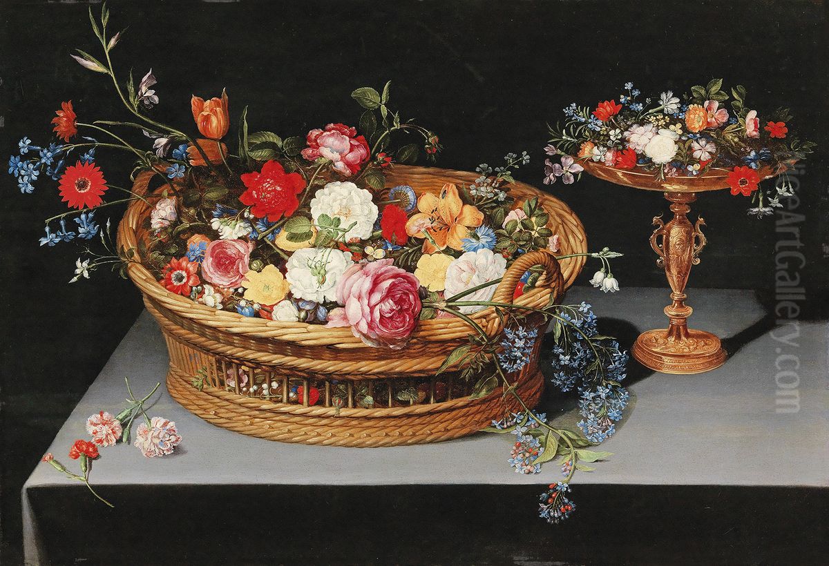 Mixed flowers in a basket with a tazza nearby Oil Painting by Jan Brueghel the Younger