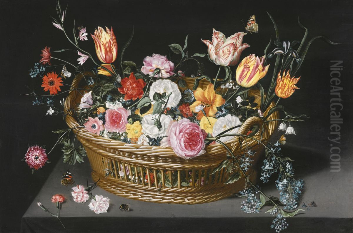 Still Life of Flowers in a Basket on a Stone Ledge Oil Painting by Jan Brueghel the Younger