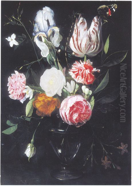 Flowers in a glass vase Oil Painting by Daniel Seghers