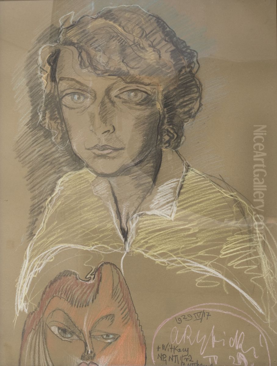 Portrait of Nena Stachurska, with a mask Oil Painting by Stanislaw Ignacy Witkiewicz (Witkacy)