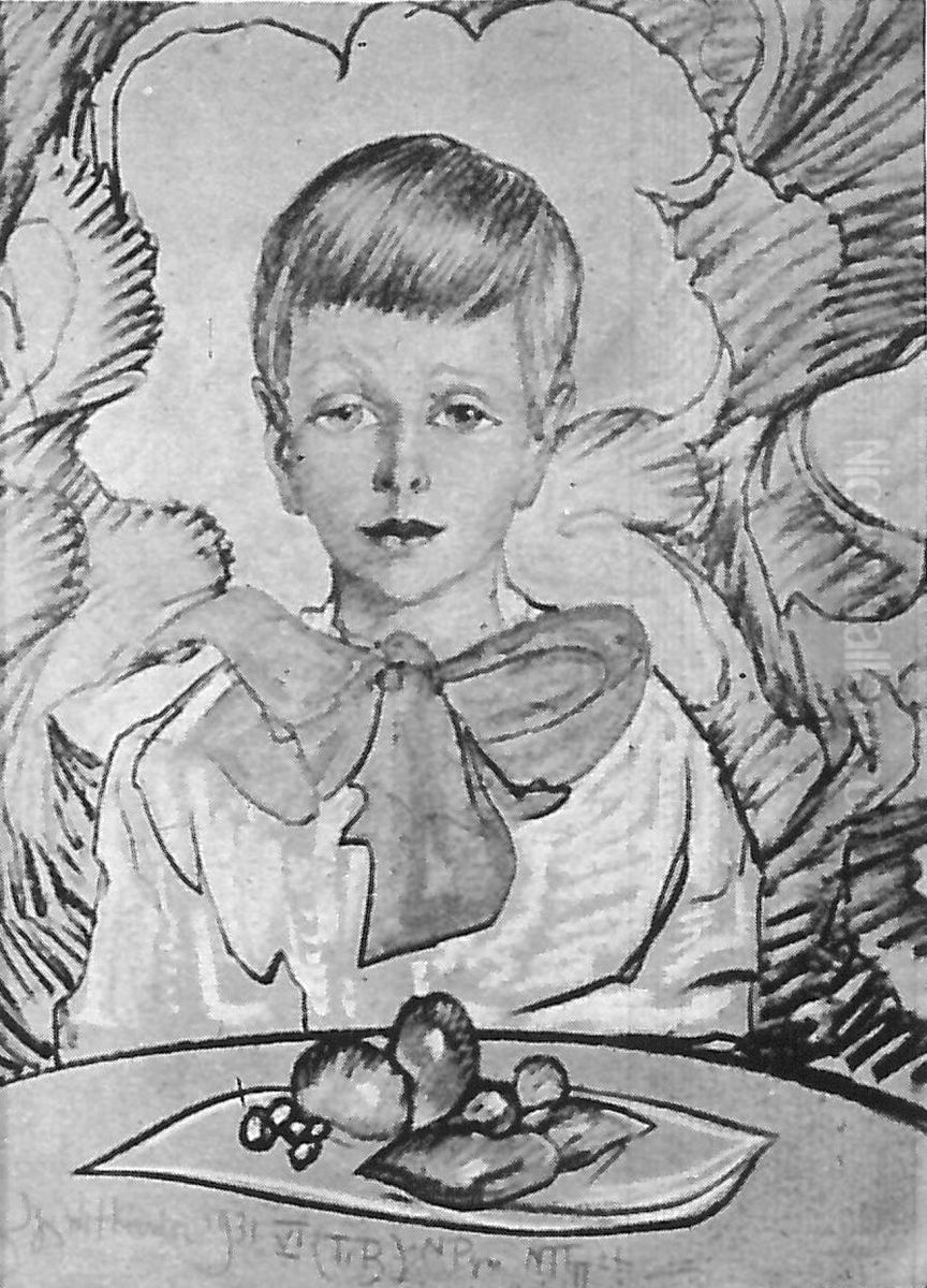 Portrait of Ryszard Glass as a boy with fruit Oil Painting by Stanislaw Ignacy Witkiewicz (Witkacy)