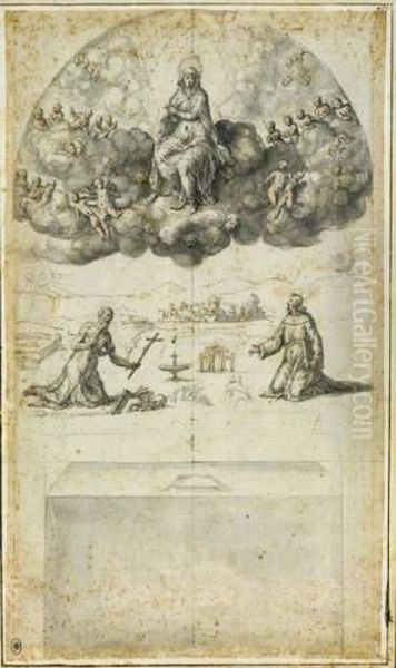 Projet De Decor : La Vierge En Gloire Apparaissant A Saint JeromeEt Saint Francois Oil Painting by Bernardino Campi