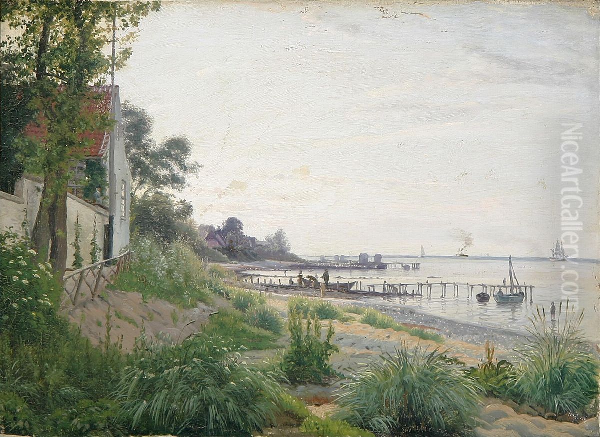 A summer day at Hellebaek with a view of the house of the Puggaard family. Oil Painting by Vilhelm Kyhn