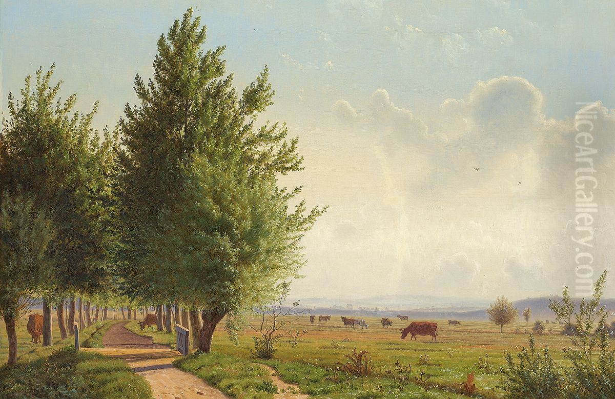 Summer landscape with cows grazing and an avenue. Oil Painting by Vilhelm Kyhn