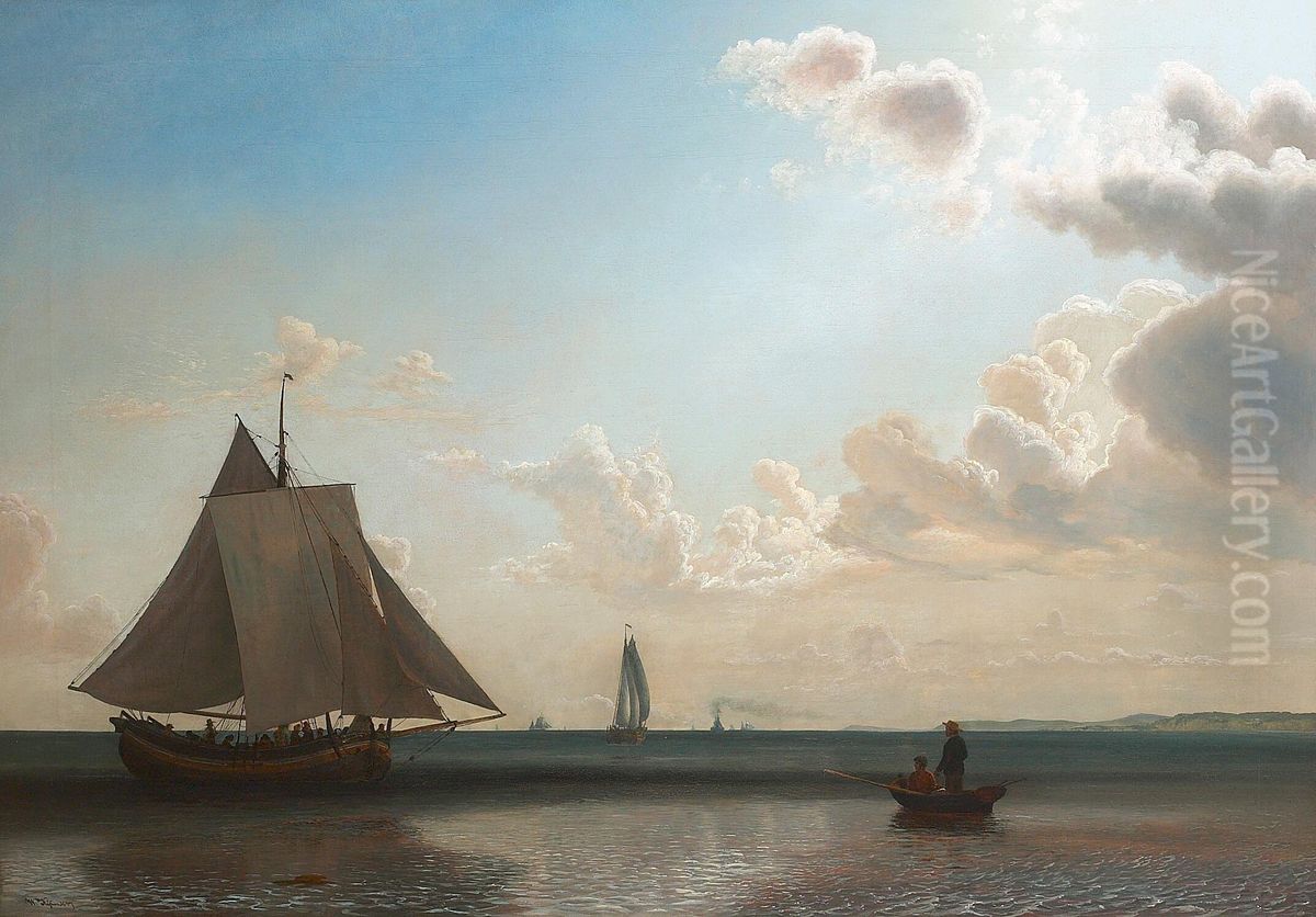 Numerous ships in the Sound and a coastal landscape in the background. Oil Painting by Vilhelm Kyhn