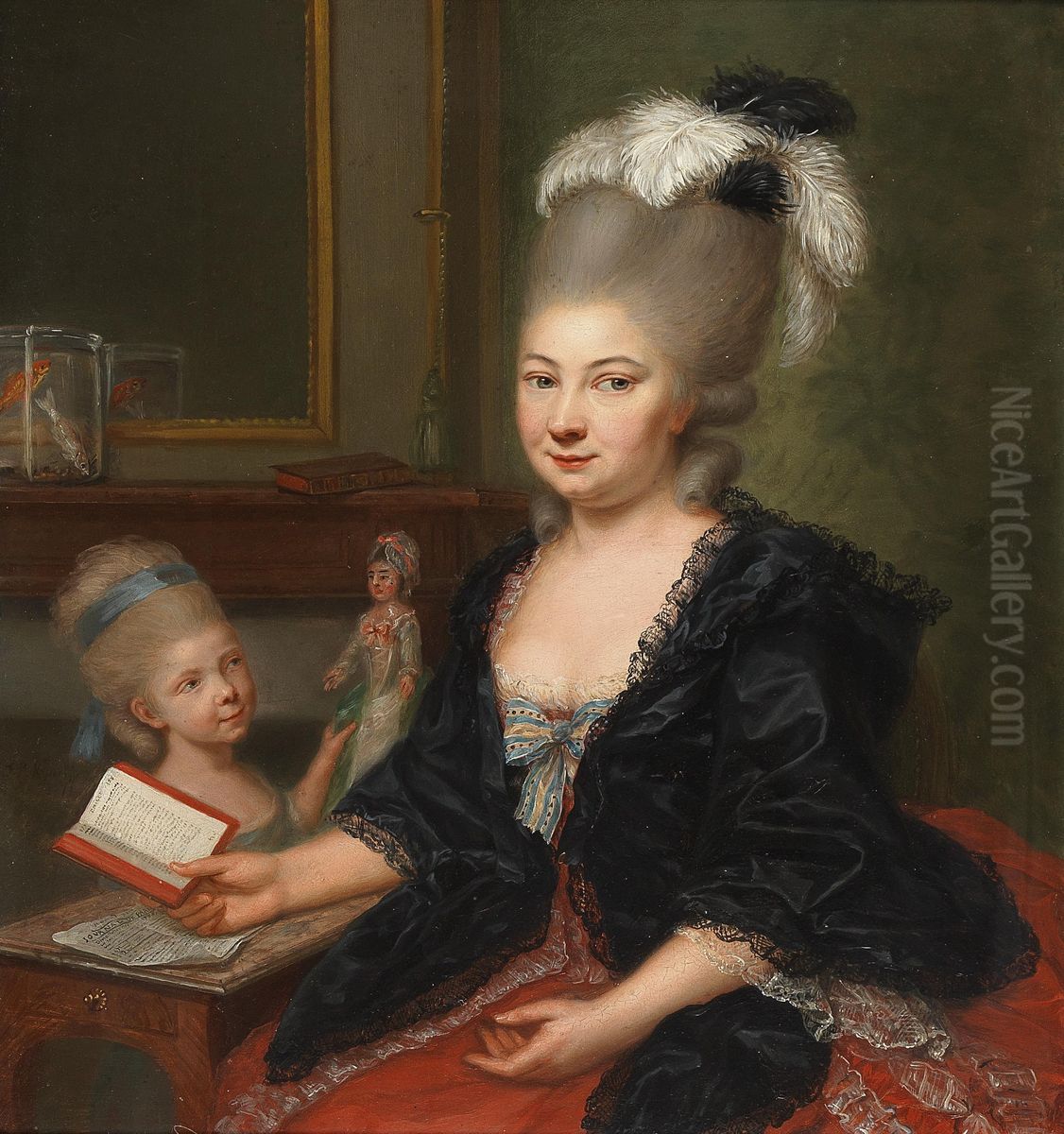 Portrait of a mother and her child reading Rousseau's 