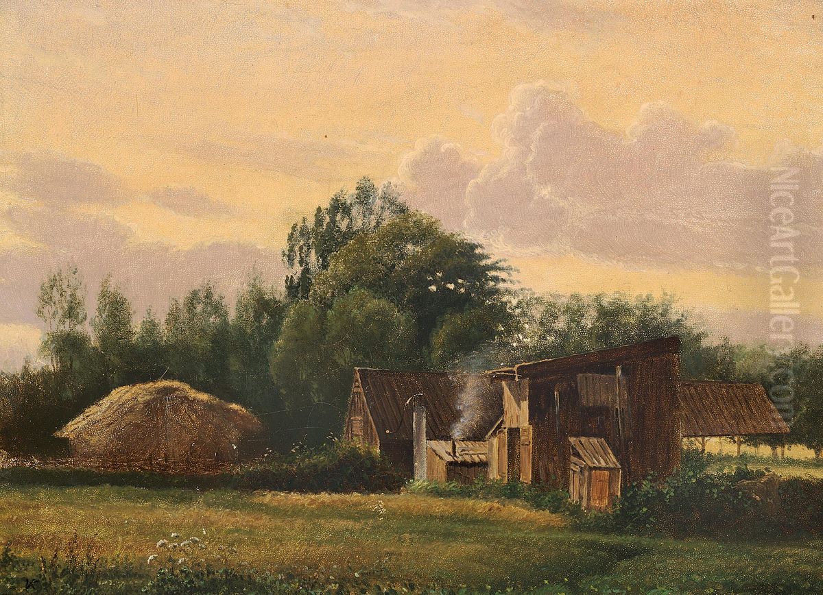 Evening landscape with sheds and trees. Oil Painting by Vilhelm Kyhn