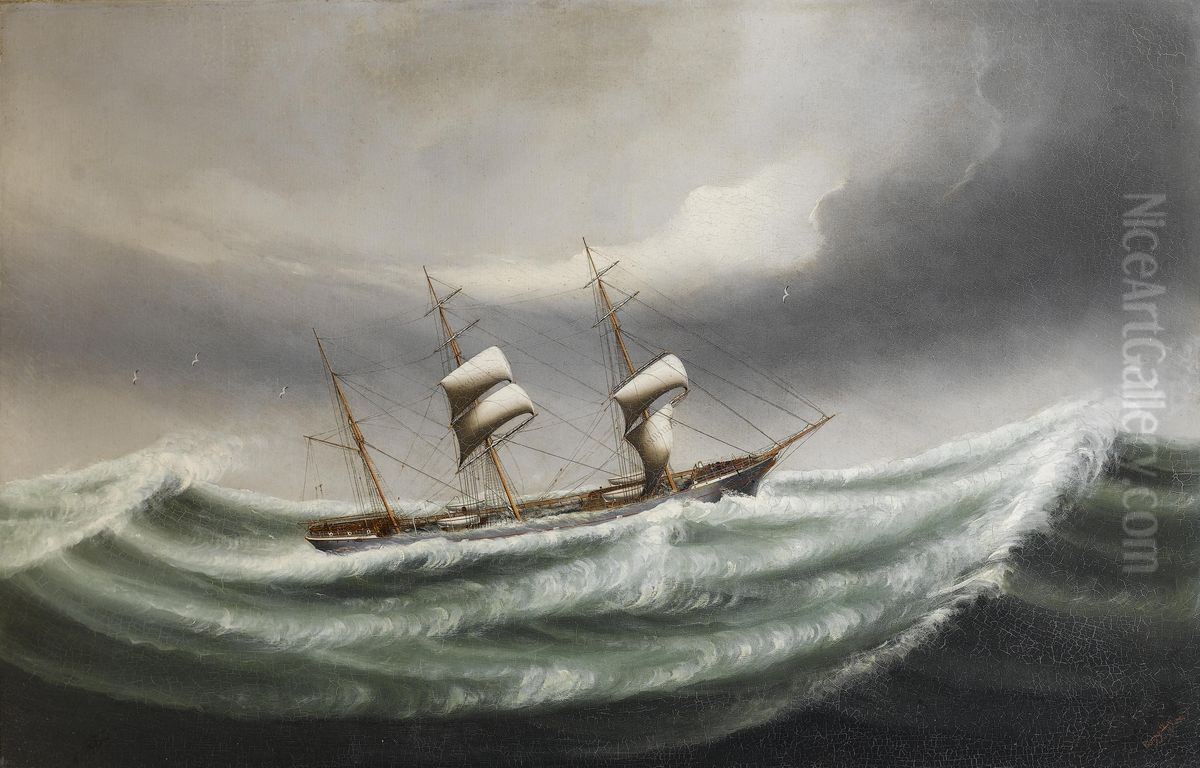 The barque Hawthornbank in stormy waters Oil Painting by unknown