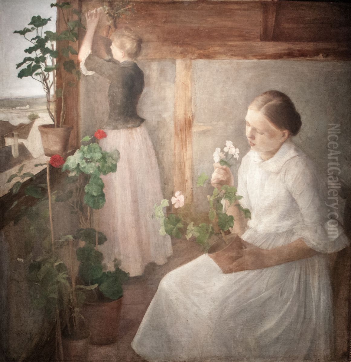 Girls tending flowers Oil Painting by Karoly Ferenczy