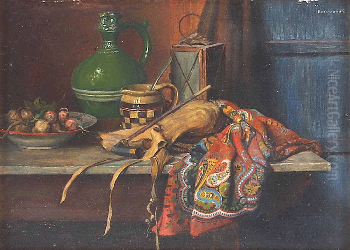 Stillleben mit Rucksack, Stock Krug und Zwiebeln Oil Painting by Karoly Bachmann