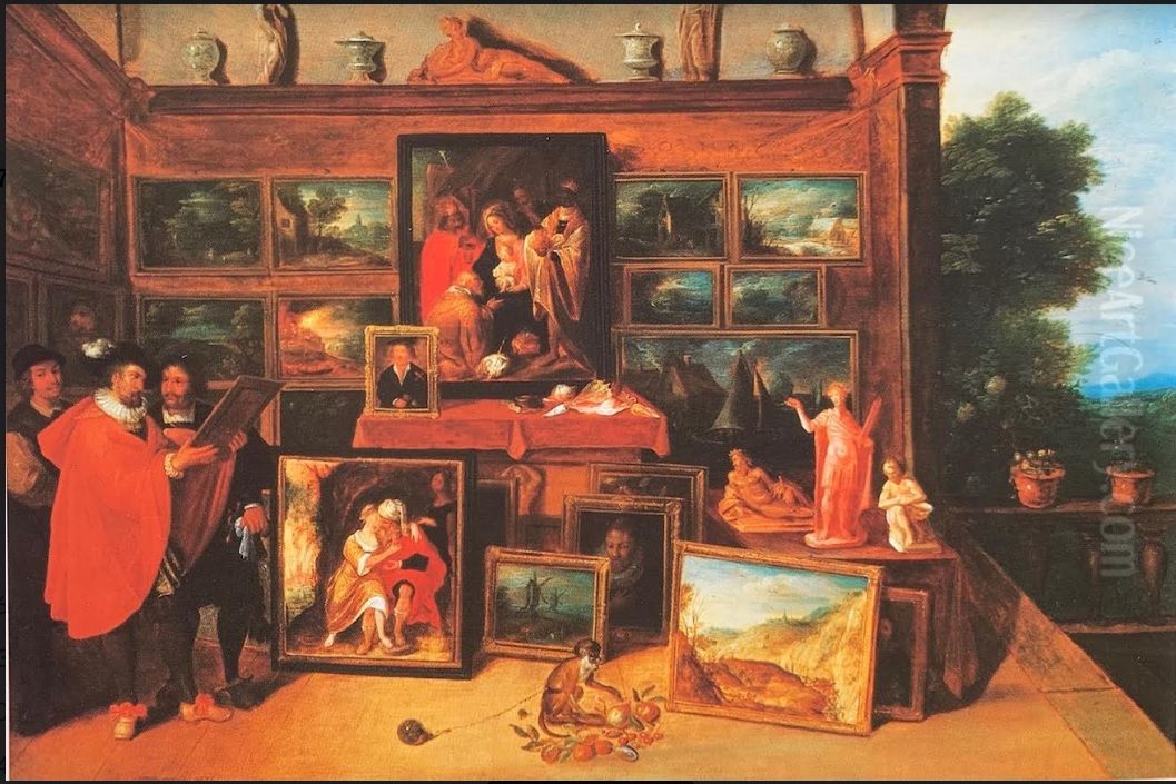 Kunstliefhebbers in een kunstgalerij; op de voorgrond een geketend aapje en rechts een doorkijk in een landschap Oil Painting by Frans Francken the Younger
