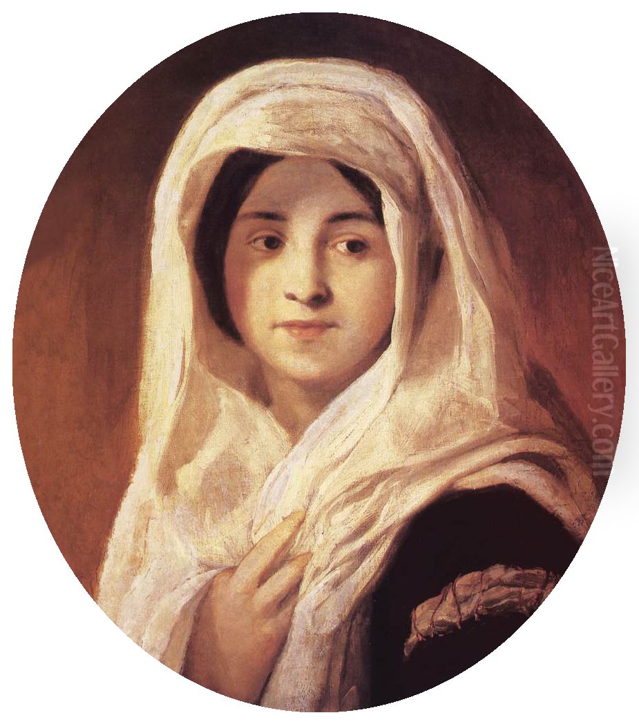 Portrait of a Woman with Veil Oil Painting by Karoly Brocky