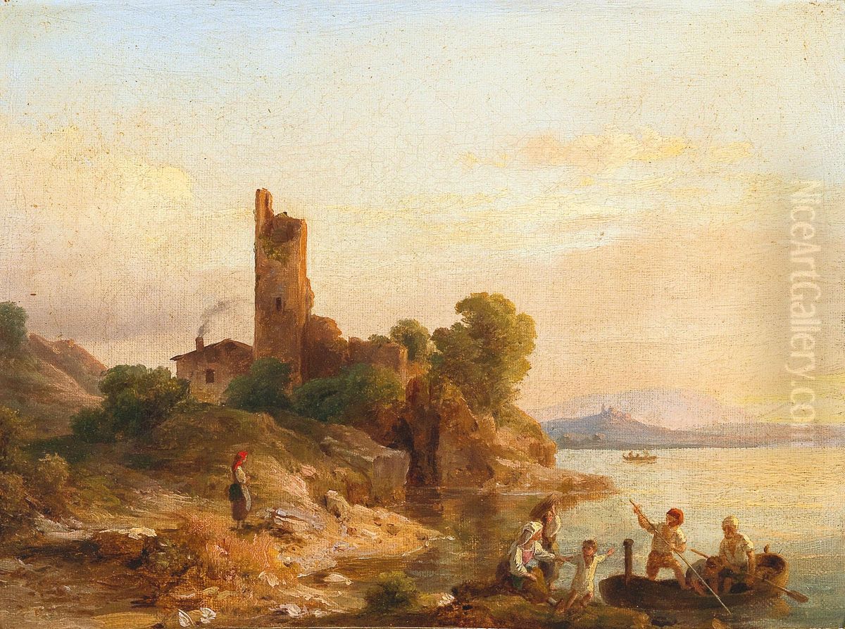 Italienische Landschaft mit Fischern am See Oil Painting by Karoly Marko