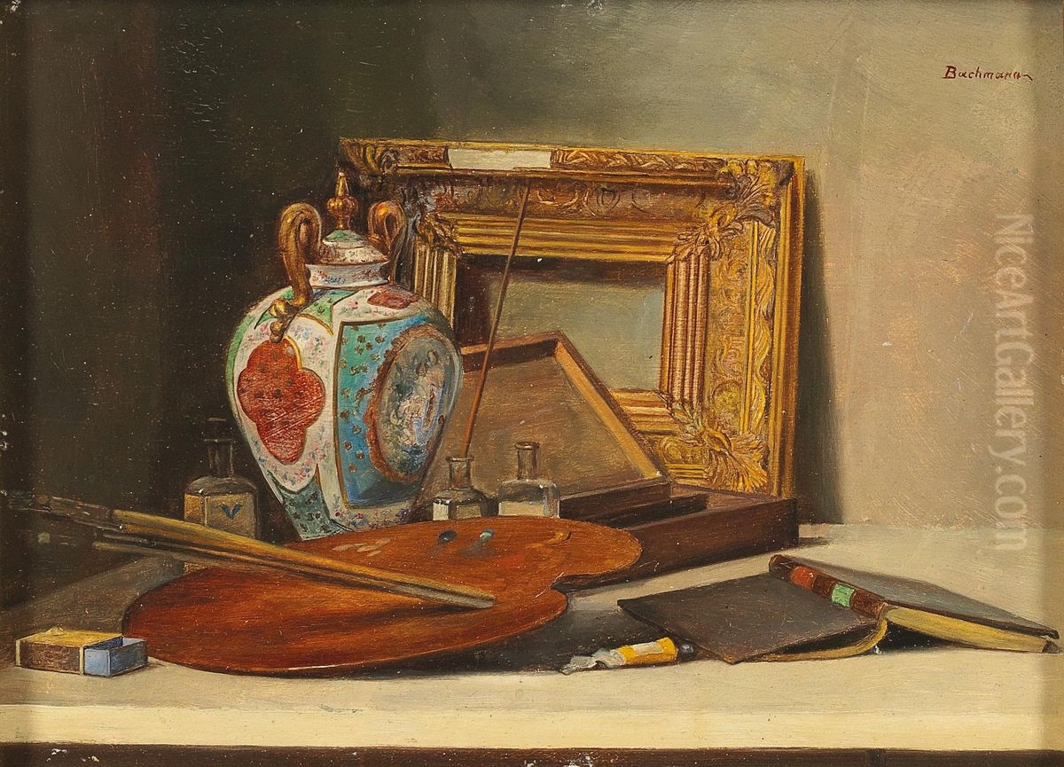 Still Life with Frame and Artist's Palette Oil Painting by Karoly Bachmann