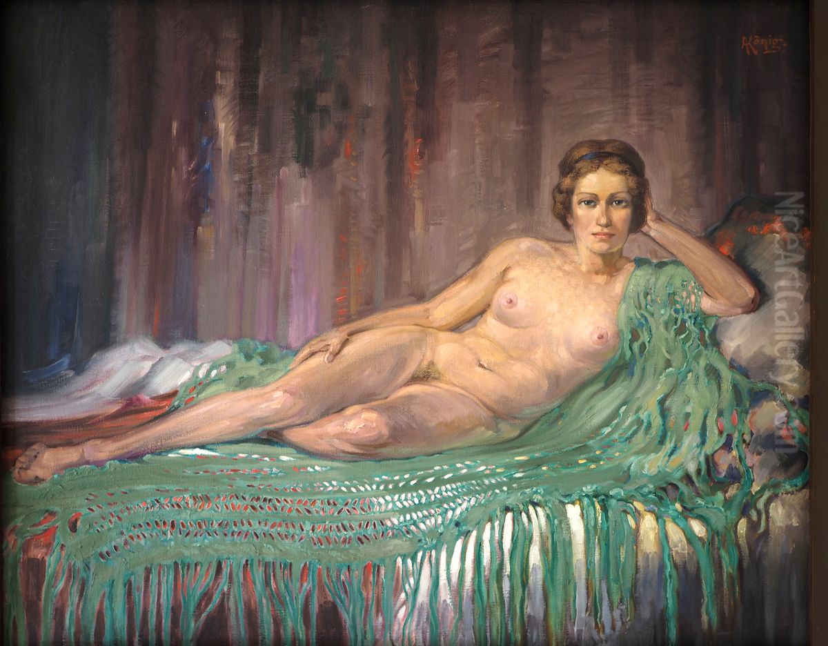 Liegender Akt mit gruner Decke Oil Painting by Albert Konig