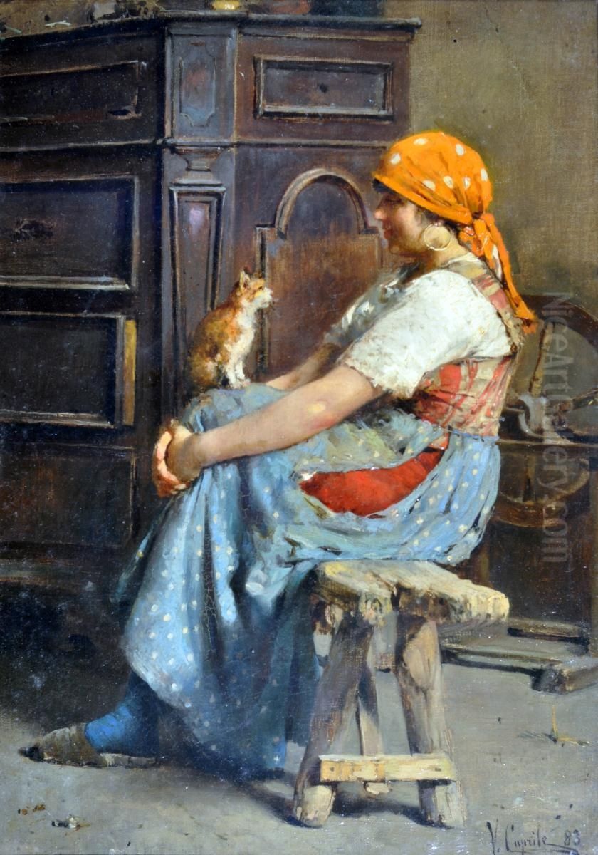 Maria Rosa e il gattino Oil Painting by Vincenzo Caprile