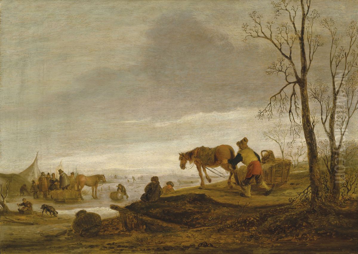 A winter landscape with figures on a frozen river Oil Painting by Isaac Van Ostade