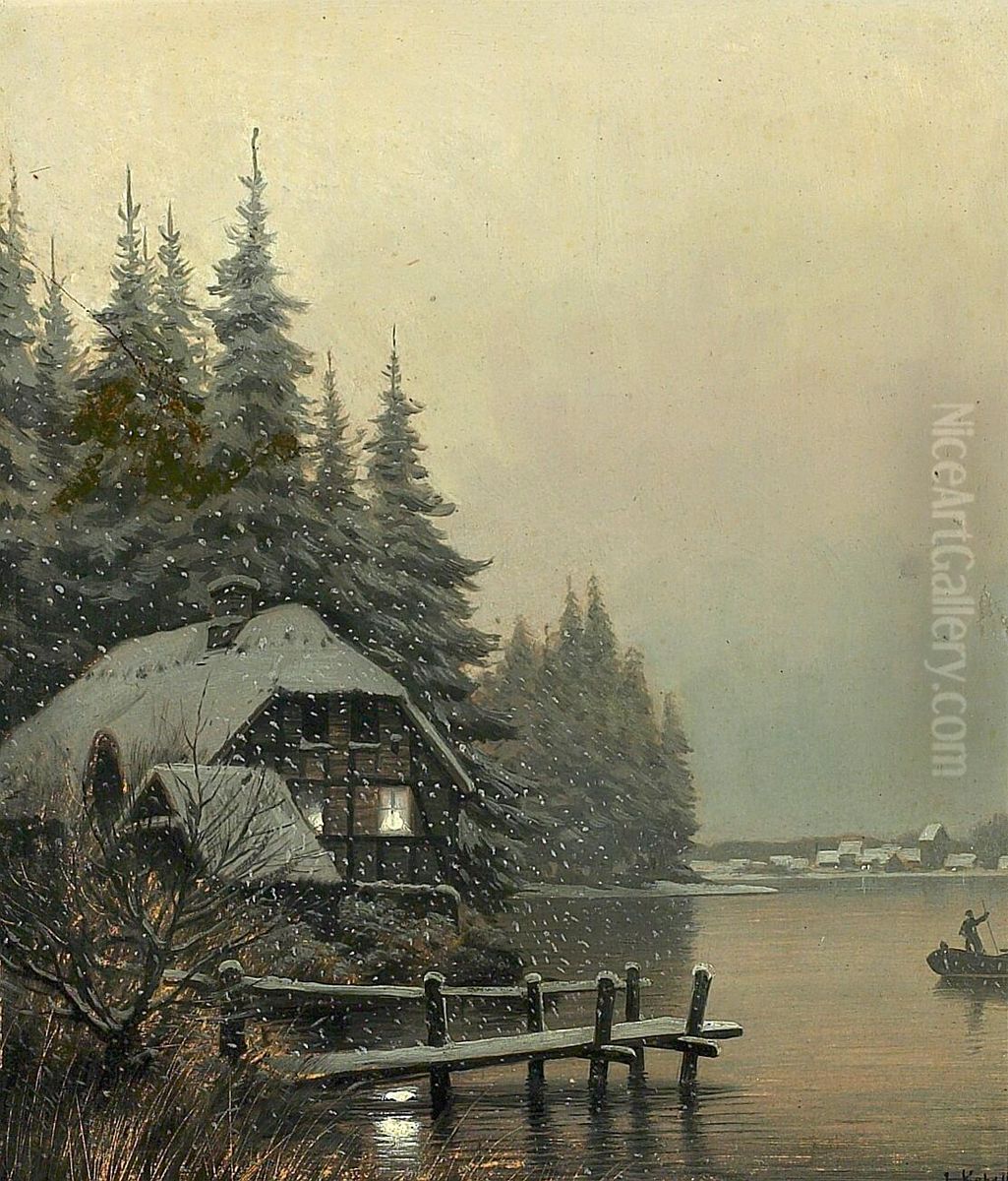 A house at a lake on a winter day. Oil Painting by Ludvig Kabell
