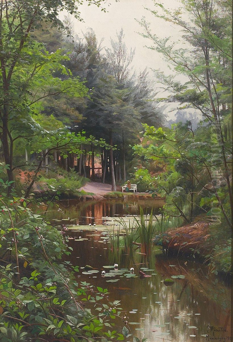 Waterlilies in a pond in the Munkebjerg Forest near Vejle, Denmark. Oil Painting by Peder Mork Monsted