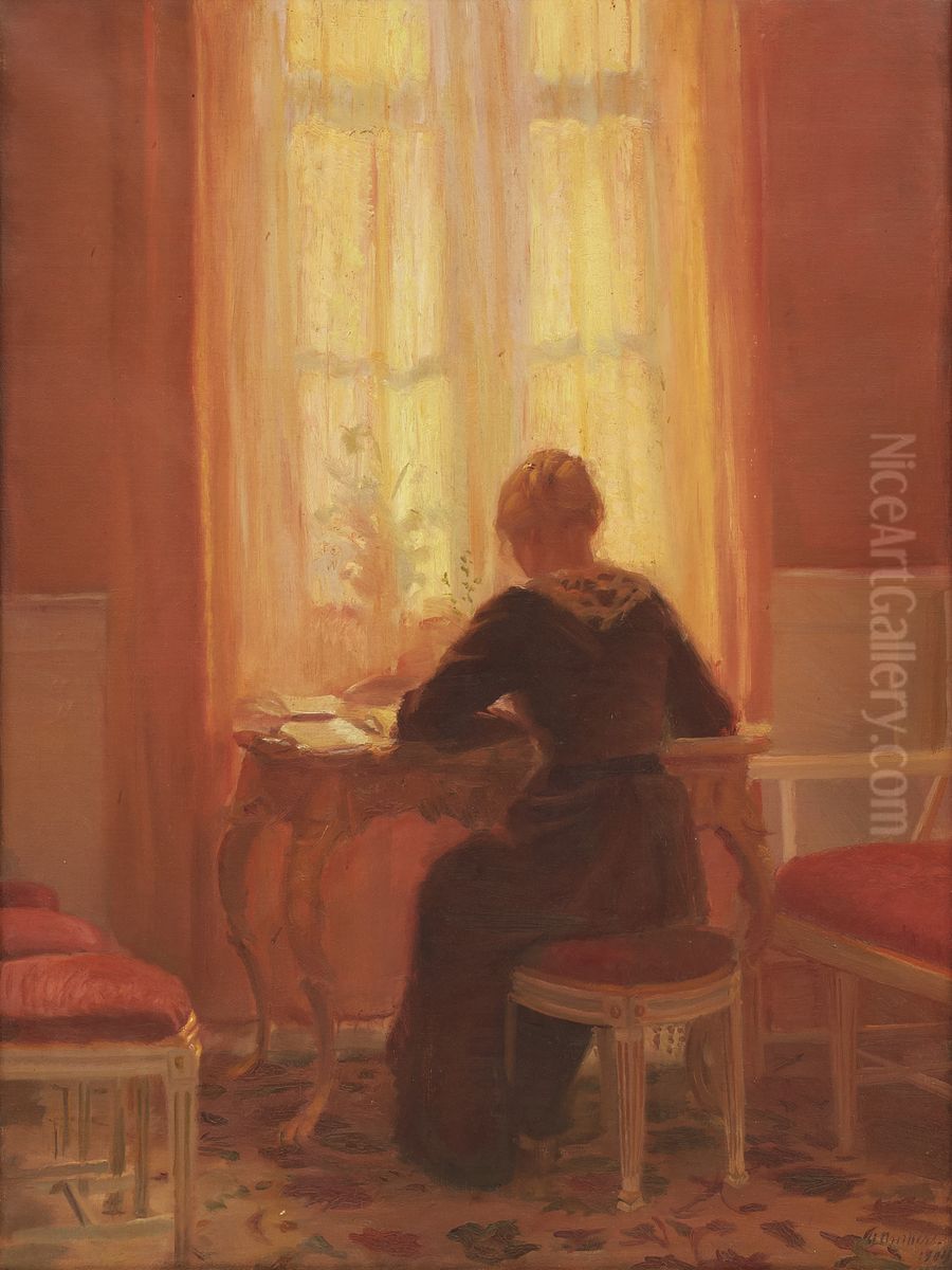 Den rode stue. Interior med kunstnerens datter Helga. Oil Painting by Anna Ancher