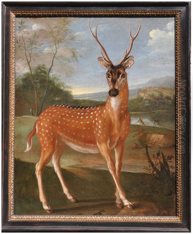 Jeune daim rouge mouchete de blanc dans un paysage Oil Painting by Nicasius Bernaerts