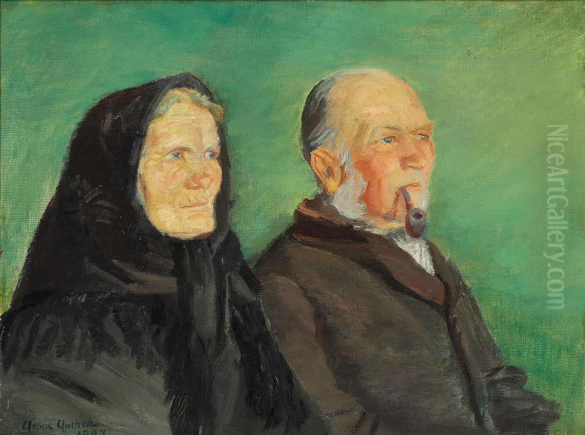 Dobbeltportraet af et guldbrudepar fra Skagen pa gron baggrund. Oil Painting by Anna Ancher